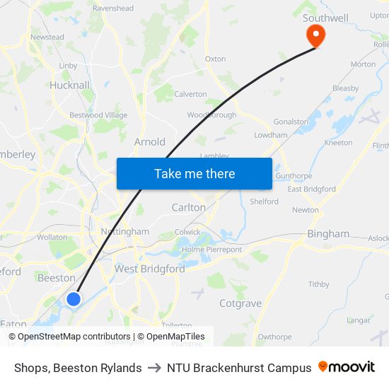Shops, Beeston Rylands to NTU Brackenhurst Campus map