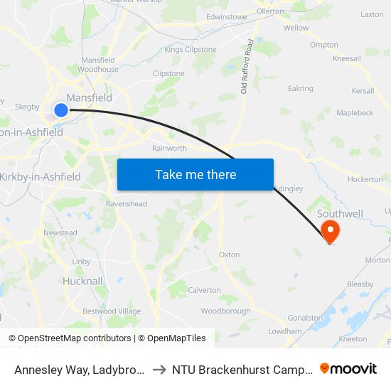 Annesley Way, Ladybrook to NTU Brackenhurst Campus map