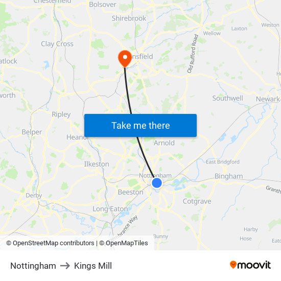 Nottingham to Kings Mill map