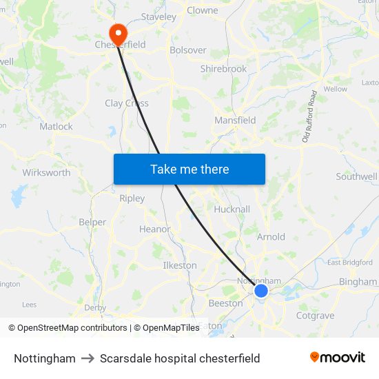 Nottingham to Scarsdale hospital chesterfield map