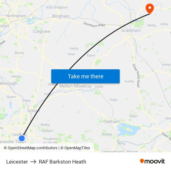 Leicester to RAF Barkston Heath map