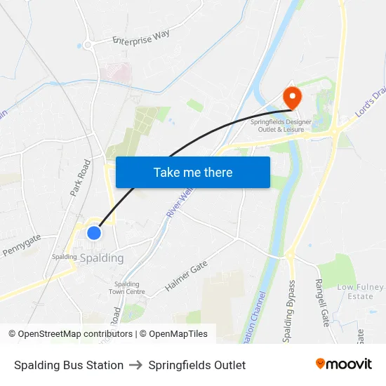 Spalding Bus Station to Springfields Outlet map