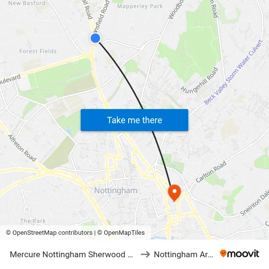 Mercure Nottingham Sherwood Hotel to Nottingham Arena map