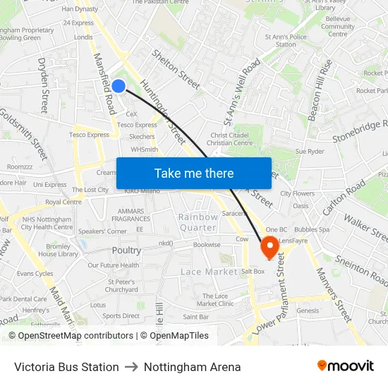 Victoria Bus Station to Nottingham Arena map