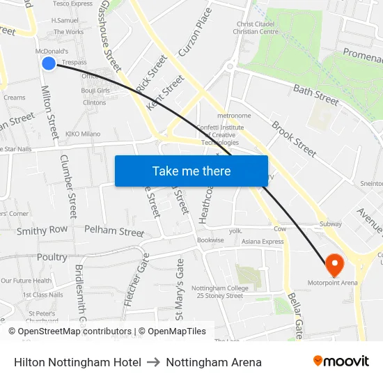 Hilton Nottingham Hotel to Nottingham Arena map