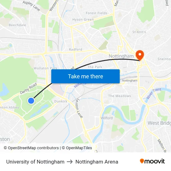 University of Nottingham to Nottingham Arena map
