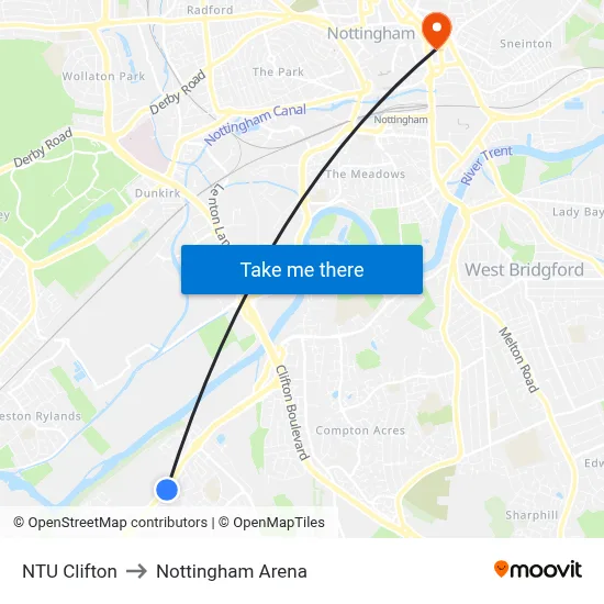 NTU Clifton to Nottingham Arena map