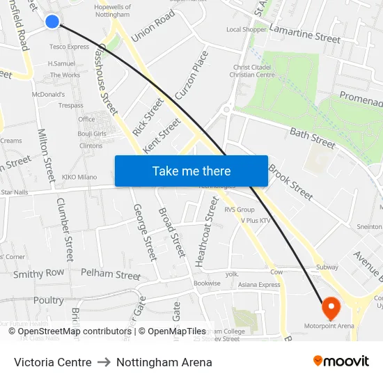 Victoria Centre to Nottingham Arena map