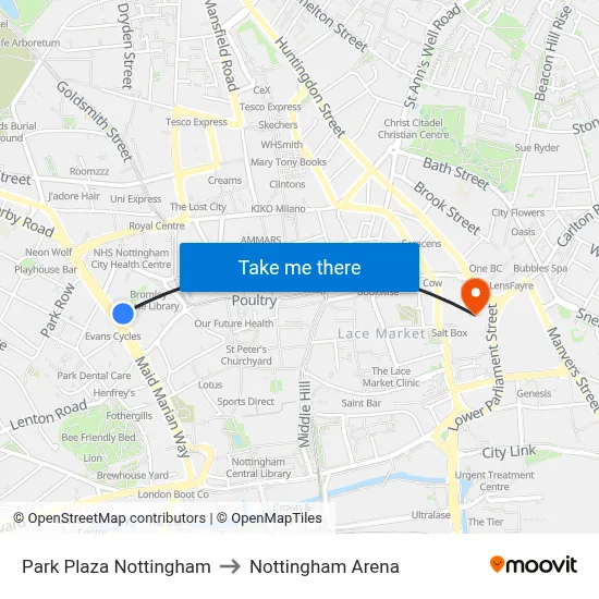 Park Plaza Nottingham to Nottingham Arena map