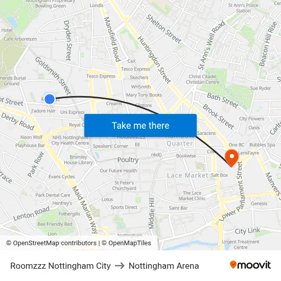Roomzzz Nottingham City to Nottingham Arena map