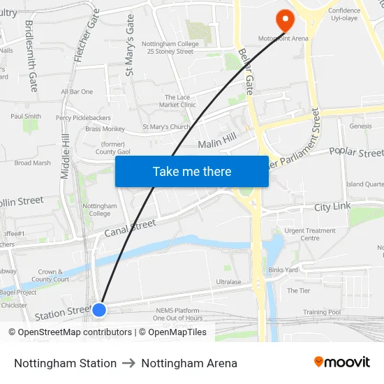 Nottingham Station to Nottingham Arena map