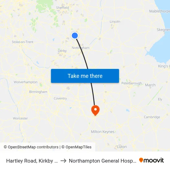 Hartley Road, Kirkby In Ashfield to Northampton General Hospital Nhs Trust map
