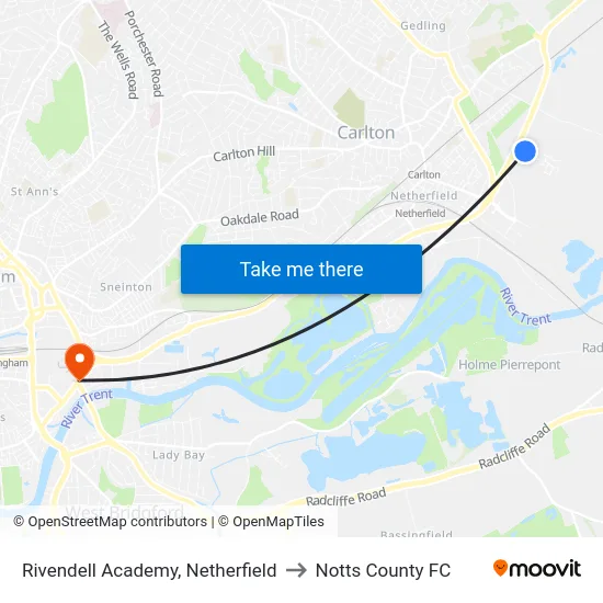 Rivendell Academy, Netherfield to Notts County FC map