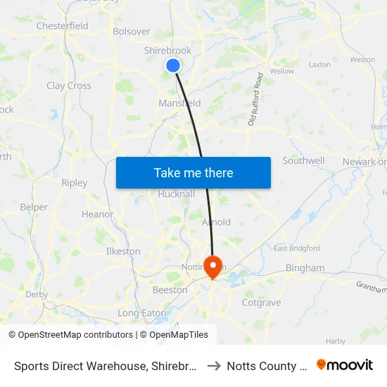 Sports Direct Warehouse, Shirebrook to Notts County FC map
