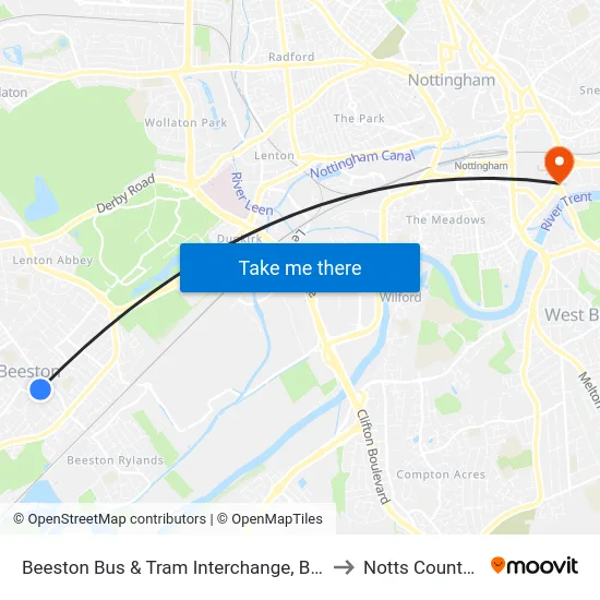 Beeston Bus & Tram Interchange, Beeston to Notts County FC map