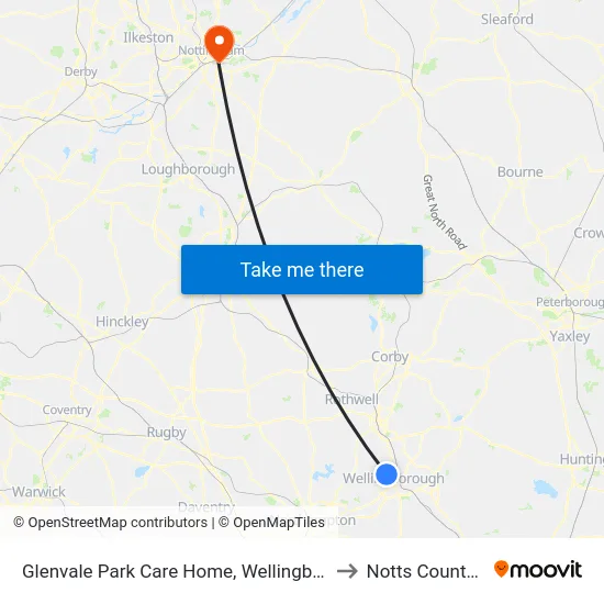 Glenvale Park Care Home, Wellingborough to Notts County FC map