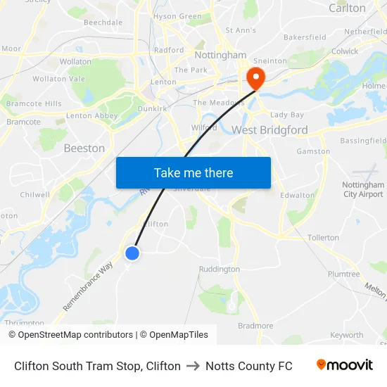 Clifton South Tram Stop, Clifton to Notts County FC map