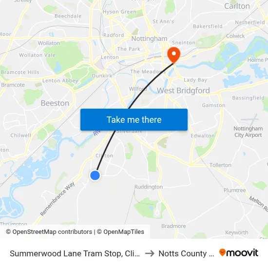 Summerwood Lane Tram Stop, Clifton to Notts County FC map