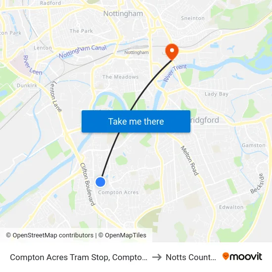Compton Acres Tram Stop, Compton Acres to Notts County FC map