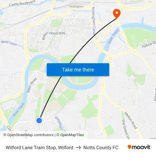 Wilford Lane Tram Stop, Wilford to Notts County FC map
