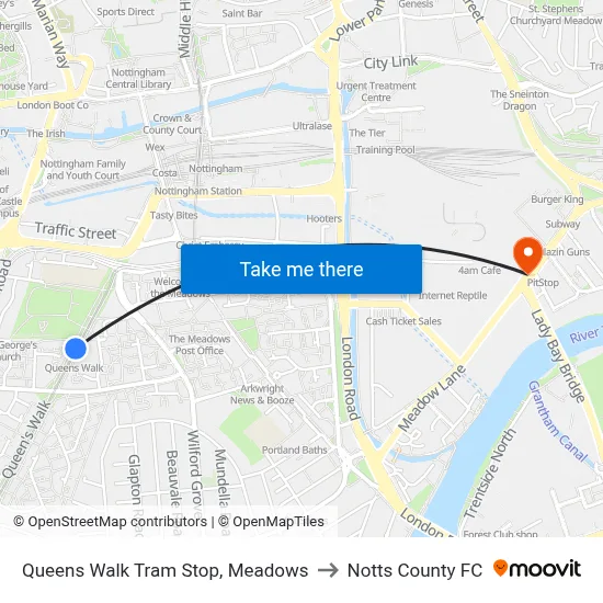 Queens Walk Tram Stop, Meadows to Notts County FC map
