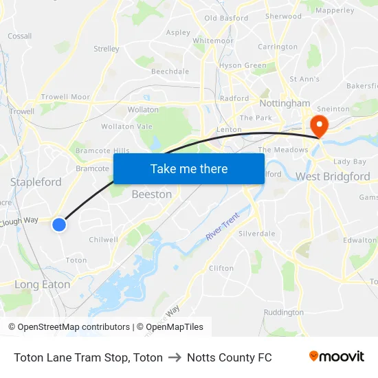 Toton Lane Tram Stop, Toton to Notts County FC map