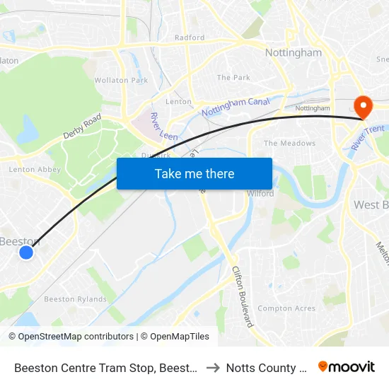 Beeston Centre Tram Stop, Beeston to Notts County FC map