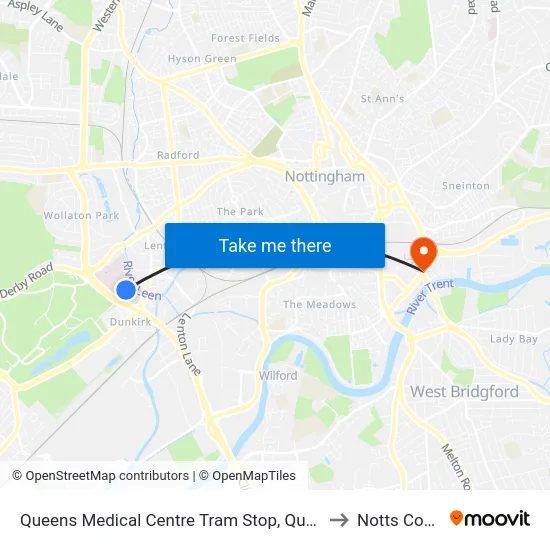Queens Medical Centre Tram Stop, Queens Medical Centre to Notts County FC map