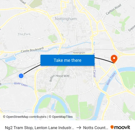 Ng2 Tram Stop, Lenton Lane Industrial Estate to Notts County FC map