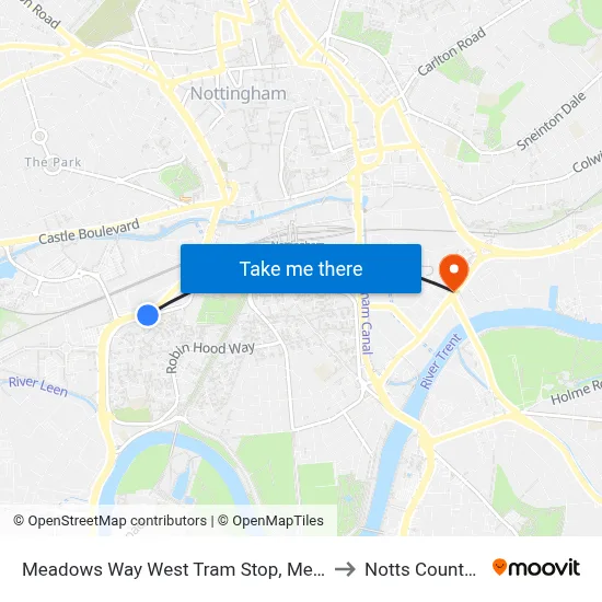 Meadows Way West Tram Stop, Meadows to Notts County FC map