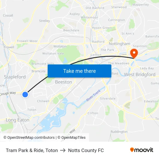 Tram Park & Ride, Toton to Notts County FC map