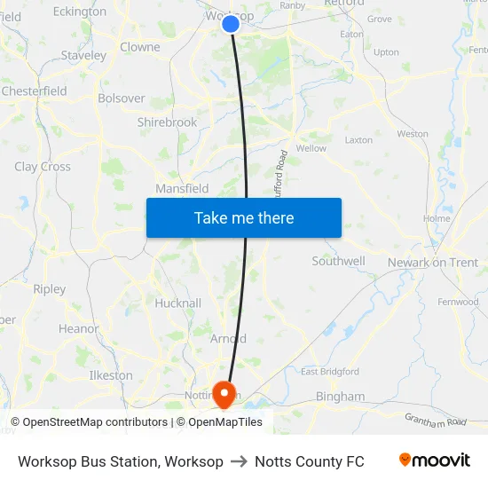 Worksop Bus Station, Worksop to Notts County FC map