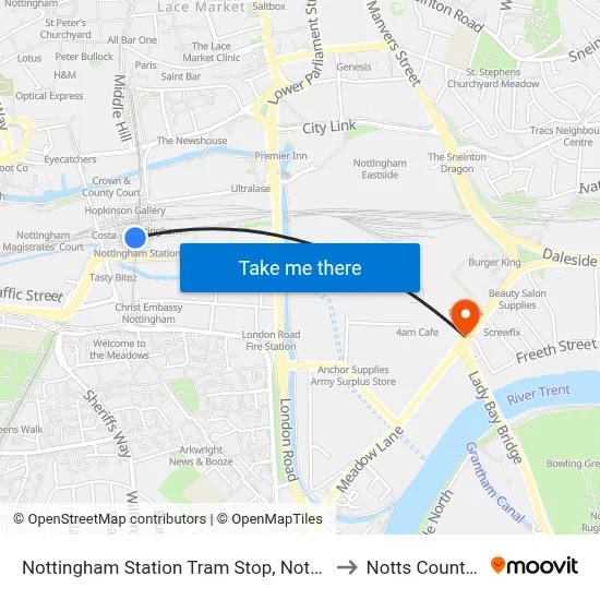 Nottingham Station Tram Stop, Nottingham to Notts County FC map