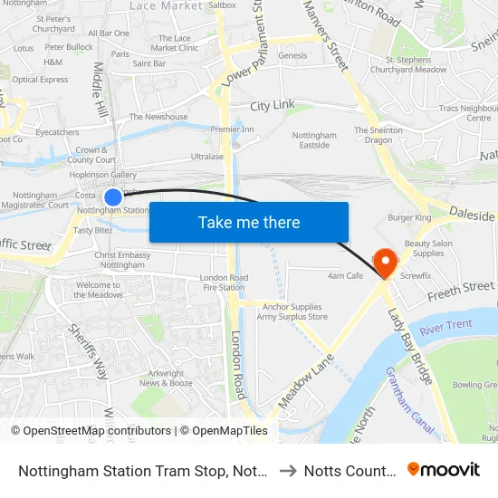 Nottingham Station Tram Stop, Nottingham to Notts County FC map