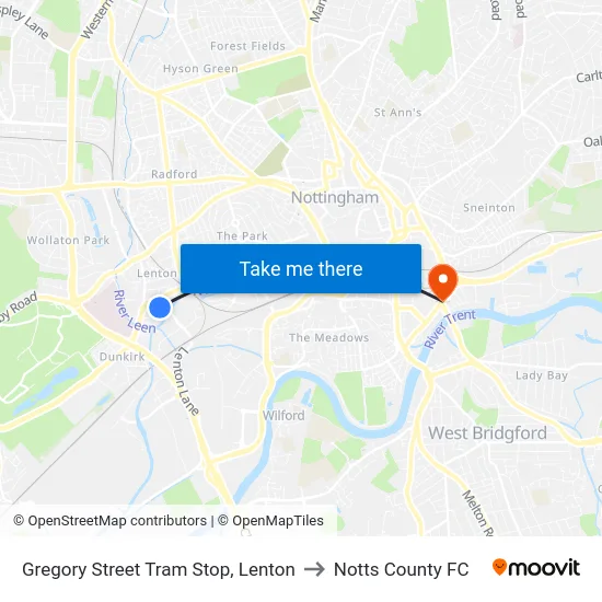 Gregory Street Tram Stop, Lenton to Notts County FC map