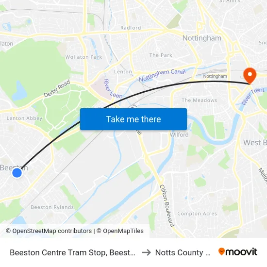 Beeston Centre Tram Stop, Beeston to Notts County FC map