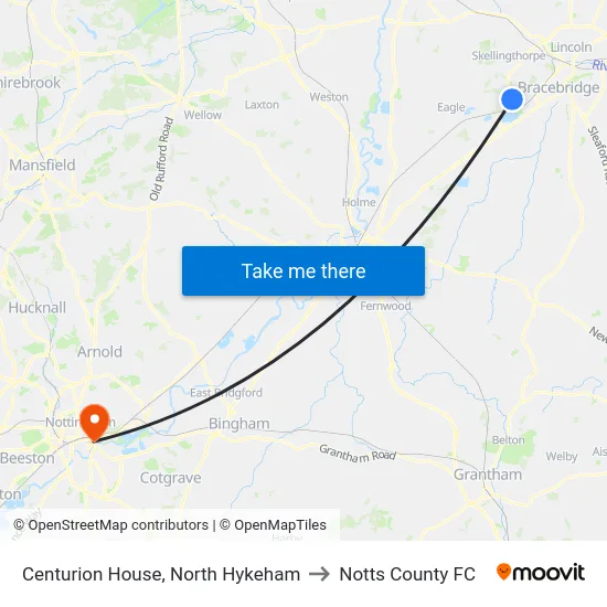 Centurion House, North Hykeham to Notts County FC map