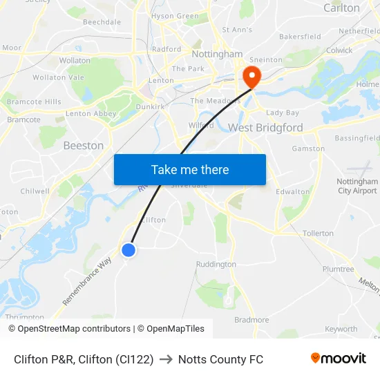 Clifton P&R, Clifton (Cl122) to Notts County FC map