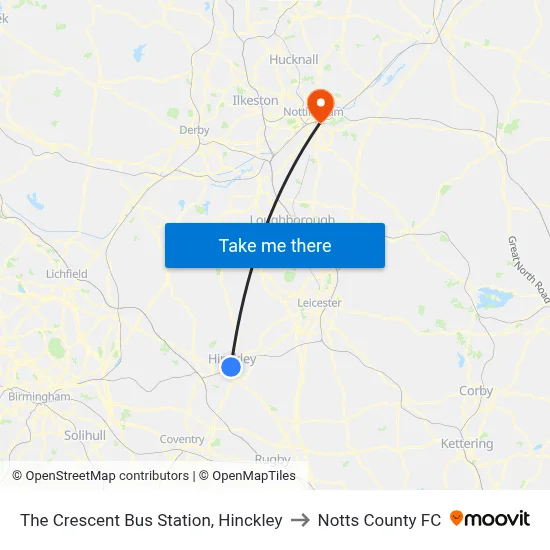 The Crescent Bus Station, Hinckley to Notts County FC map