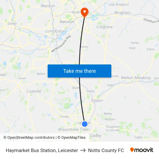 Haymarket Bus Station, Leicester to Notts County FC map