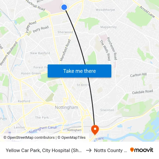 Yellow Car Park, City Hospital (Sh125) to Notts County FC map