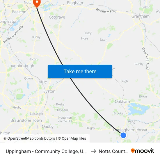 Uppingham - Community College, Uppingham to Notts County FC map