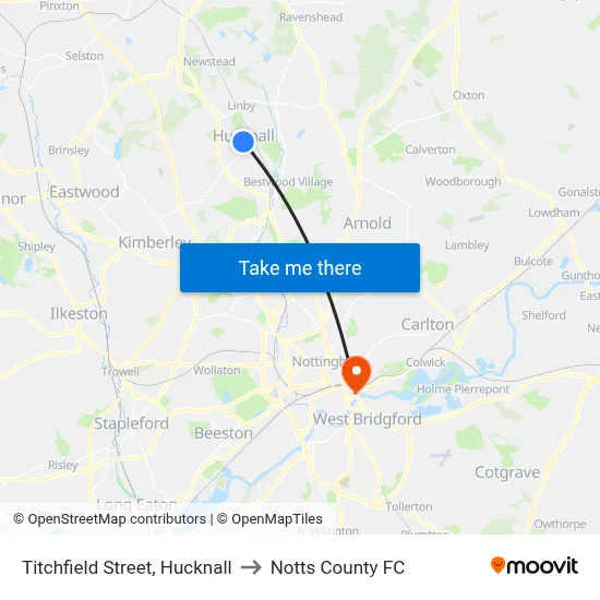 Titchfield Street, Hucknall to Notts County FC map