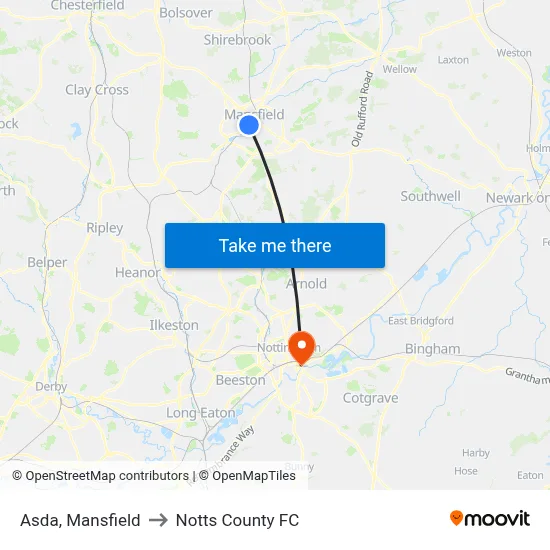 Asda, Mansfield to Notts County FC map