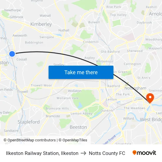 Ilkeston Railway Station, Ilkeston to Notts County FC map