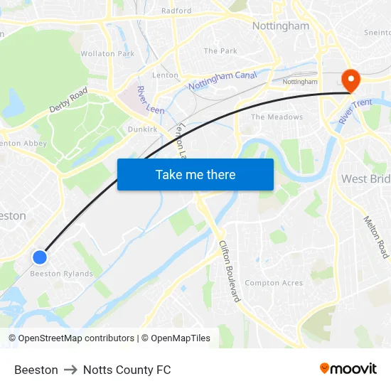 Beeston to Notts County FC map