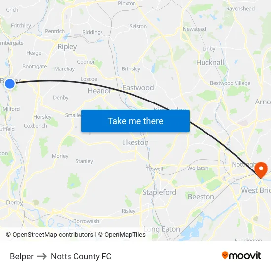 Belper to Notts County FC map