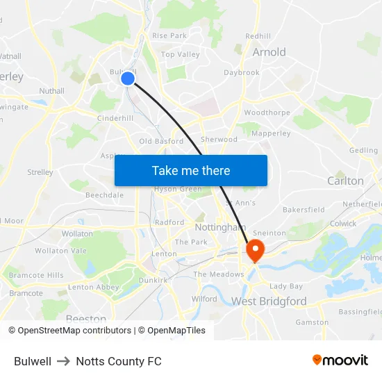 Bulwell to Notts County FC map