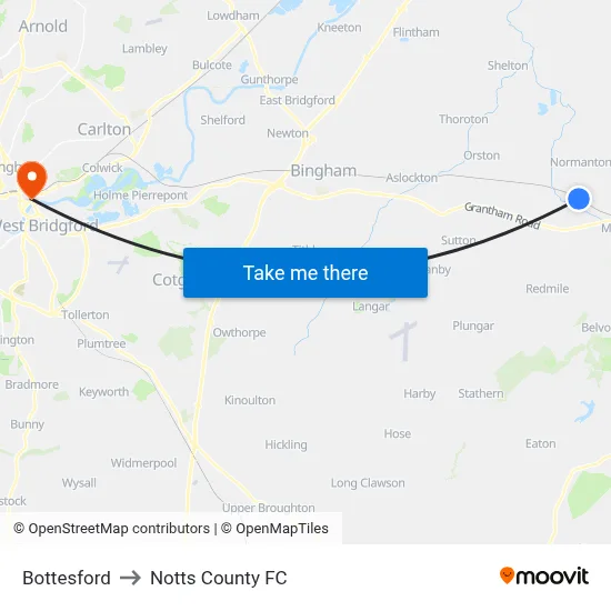 Bottesford to Notts County FC map
