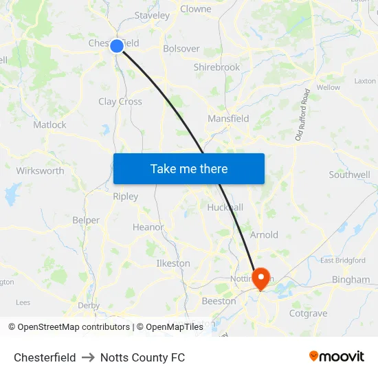Chesterfield to Notts County FC map